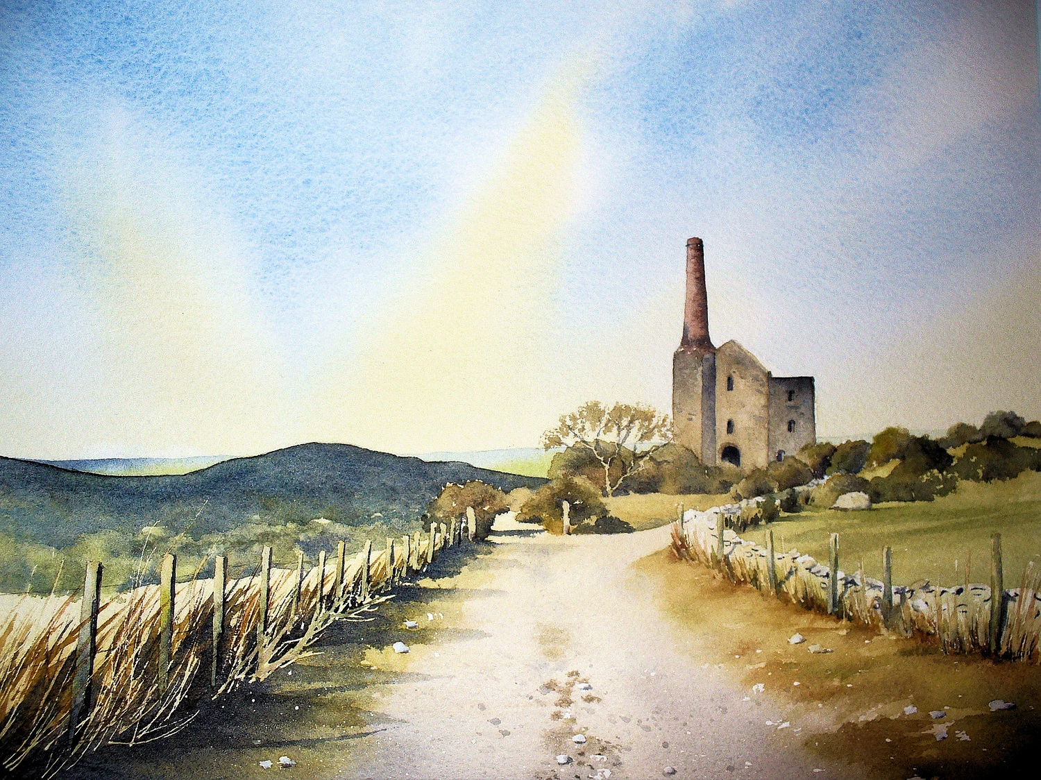 Painting of an engine house in the Pensilva landscape